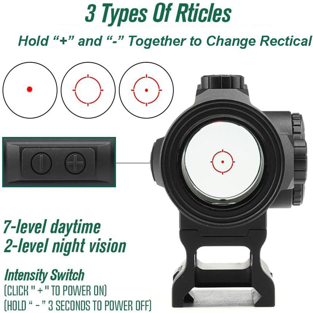 Multi-Reticle 2MOA/65MOA/2MOA+65MOA Circle Open Reflex Sight Shake Awake 5W Battery Life, w/Low and High Profile Mount Absolute Co-Witness QD Picatinny Rail Mount