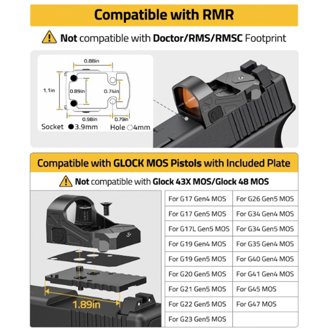 Motion Awake Red Dot Sight for RMR Footprint, 3 MOA Red Dot Open Reflex Sight, 1x24mm Lens Optics Scope for Full-Sized Pistols, Adapter for MOS & 21mm Picatinny Base