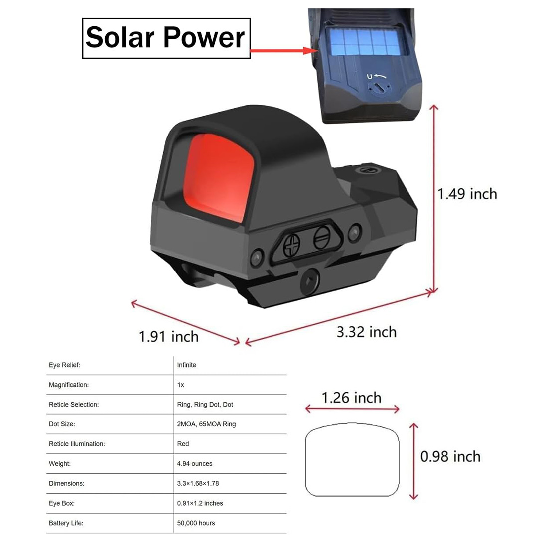 Multi-Reticle 2 MOA / 65 MOA / 2MOA + 65MOA Circle Open Reflex Sight with Solar Failsafe Shake Awake 5W Battery Life, Absolute Co-Witness QD Picatinny Rail Mount Accessories