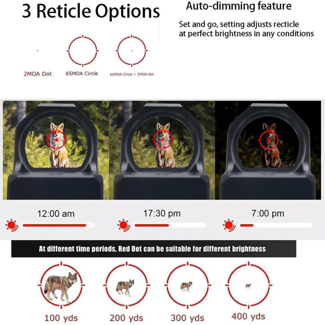 Multi-Reticle 2MOA/65MOA/2MOA+65MOA Circle Open Reflex Sight Shake Awake 5W Battery Life, w/Low and High Profile Mount Absolute Co-Witness QD Picatinny Rail Mount