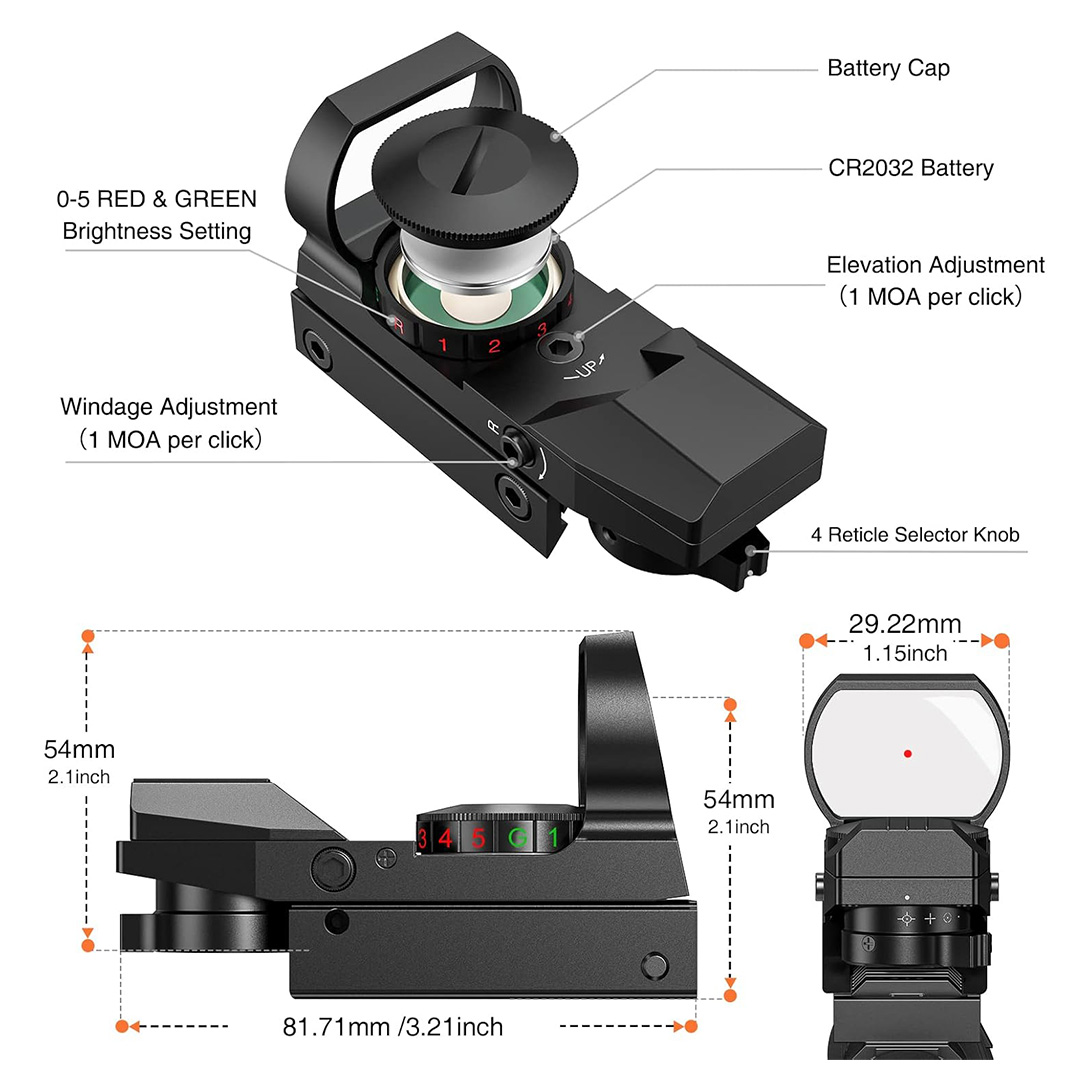 Red Green Dot Gun Sight Scope Reflex Sight, 4 Adjustable Reticles Holographic Optic with 20mm Rail Mount