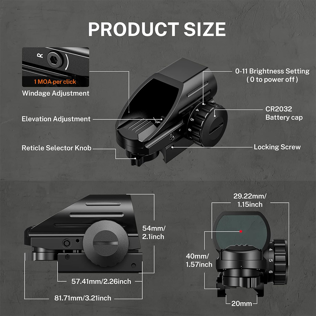 Reflex Sight with 4 Reticles Red Dot Sight, Reflex Holographic Optic Scope with 20mm Rail Mount ,Absolute Co-Witness
