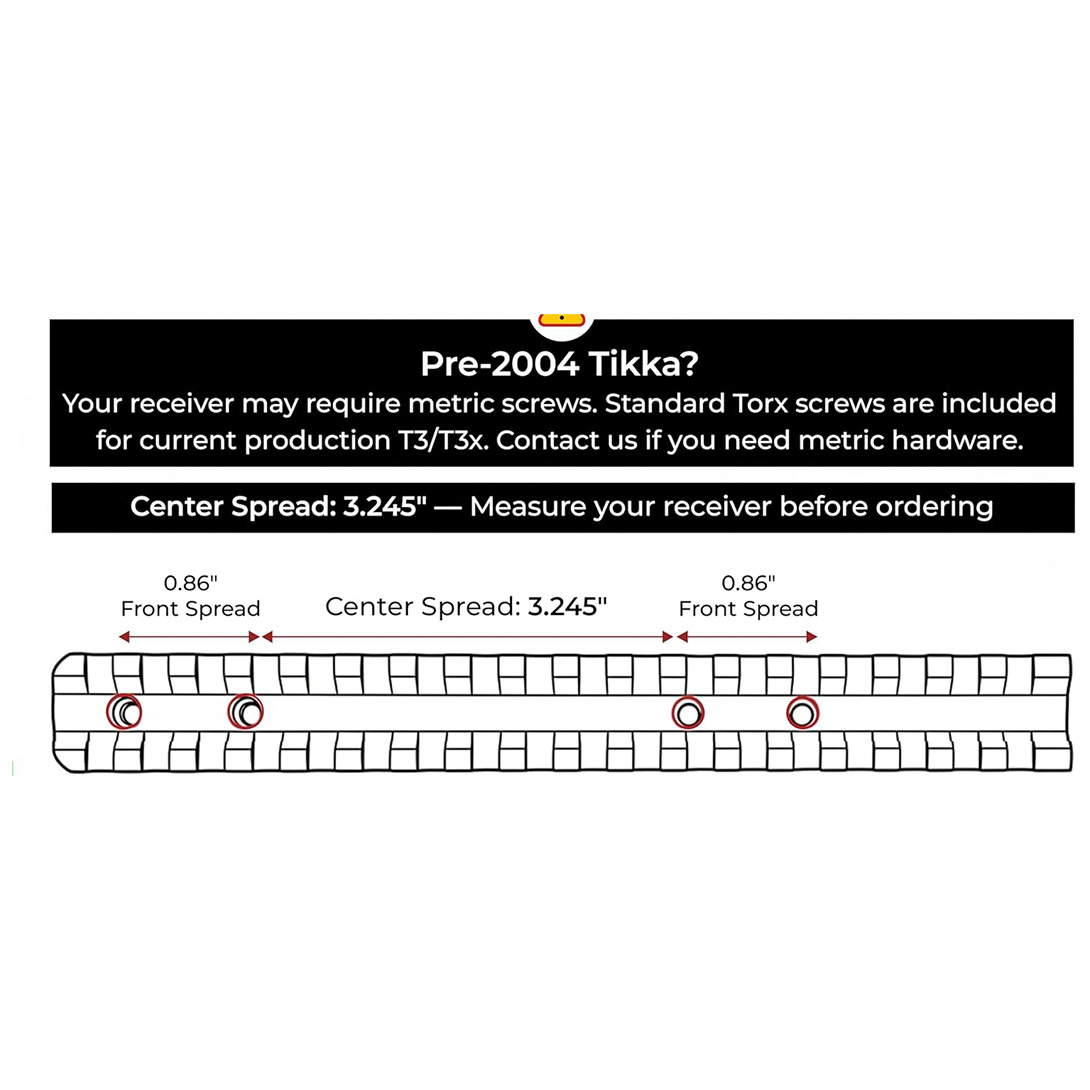 18-Slot 7.45″ Overall Length Tikka T3/T3x Picatinny Scope Rail Base, 6061 T6 Aluminum CNC-machined Hardcoat Anodized Matte Black 0MOA (0-500yds)