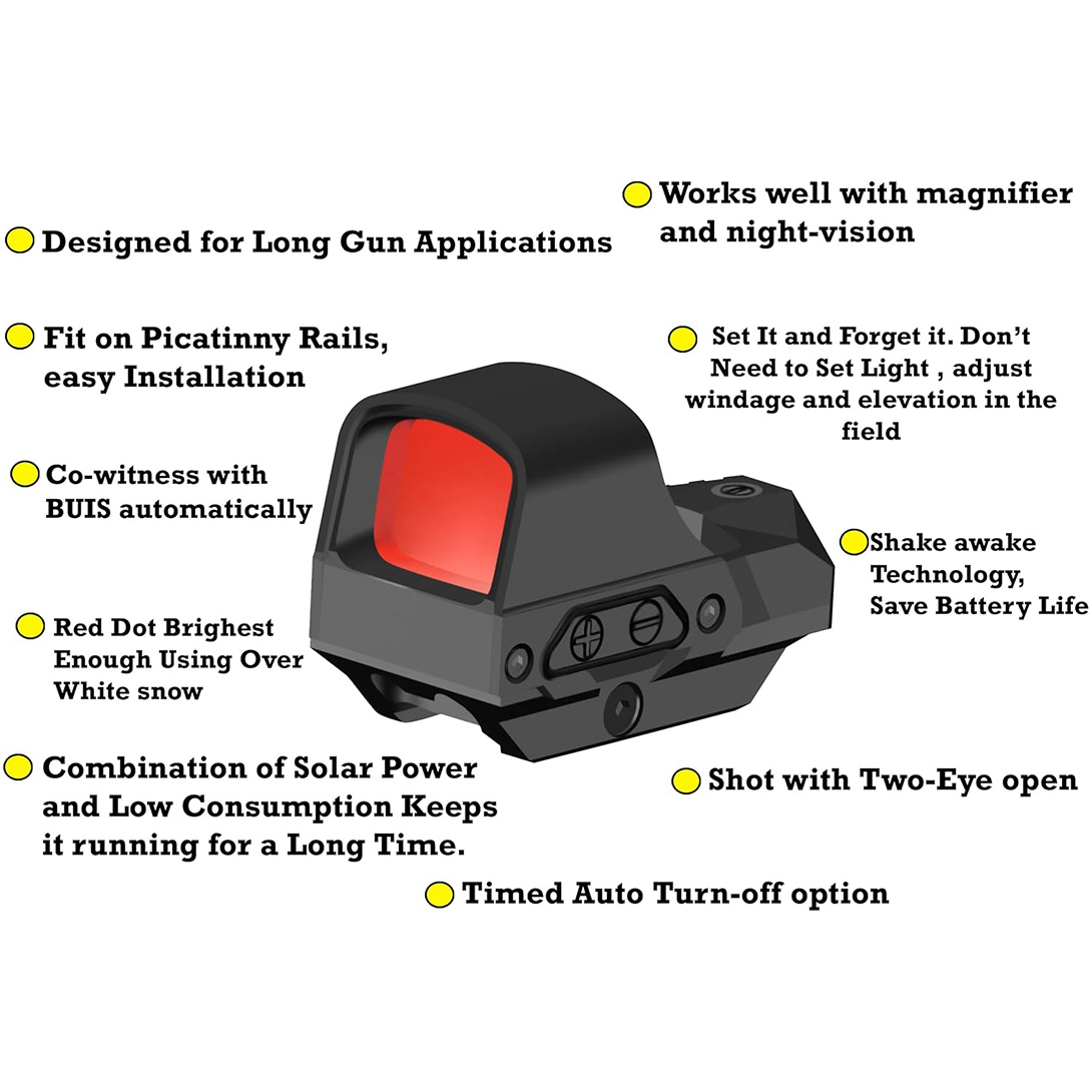 Multi-Reticle 2 MOA / 65 MOA / 2MOA + 65MOA Circle Open Reflex Sight with Solar Failsafe Shake Awake 5W Battery Life, Absolute Co-Witness QD Picatinny Rail Mount Accessories