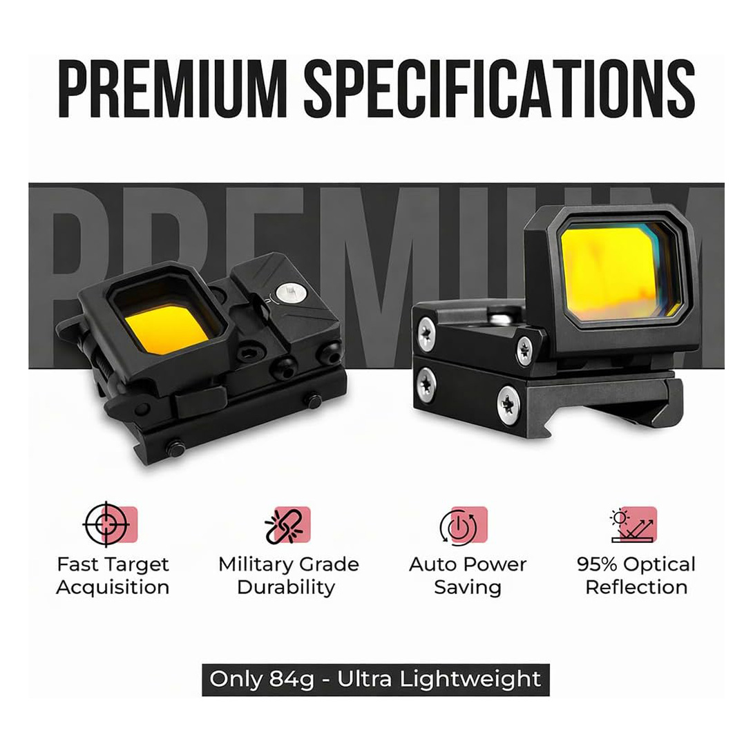 RMT S2 5 MOA Foldable Black Dot Reflex Sight Set for 20mm Picatinny Rail – Glock Mount Base, Power Saving Function Included, Included Exercise Calling Function (Black)