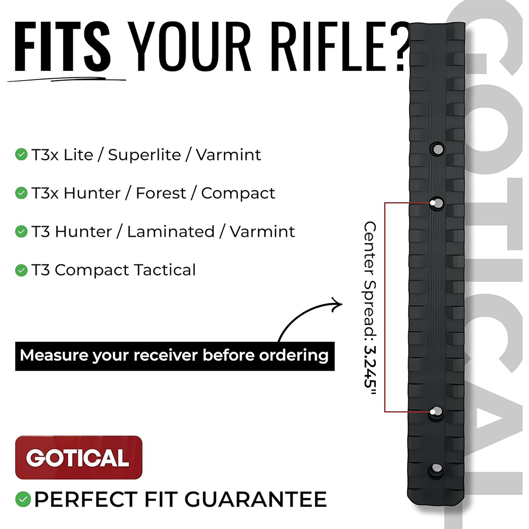 18-Slot 7.45″ Overall Length Tikka T3/T3x Picatinny Scope Rail Base, 6061 T6 Aluminum CNC-machined Hardcoat Anodized Matte Black 0MOA (0-500yds)
