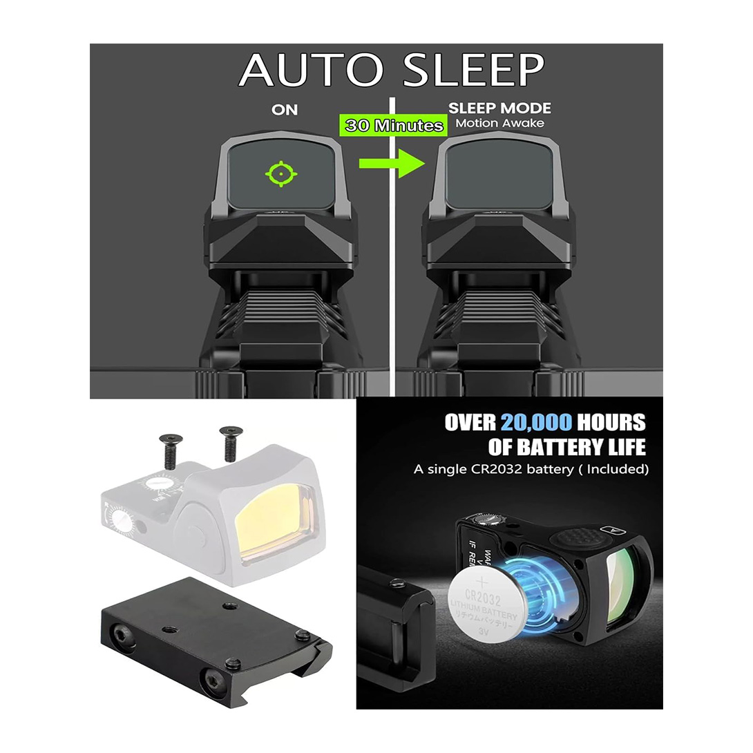 Shake Awake Reflex Sight 3 MOA Dot 32 MOA Circle Red/Green Dot Scope for RMR Cut Footprint, Shockproof and Waterproof Open Reflex Optics with Adapter Plate Picatinny
