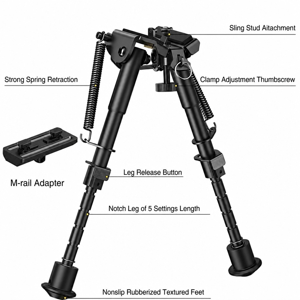 Bipods for Rifles 6-9 Inch with M-LOK Adapter | Spring Tension Bipod with Detachable Mount Adapter | Black Anodized Aluminum