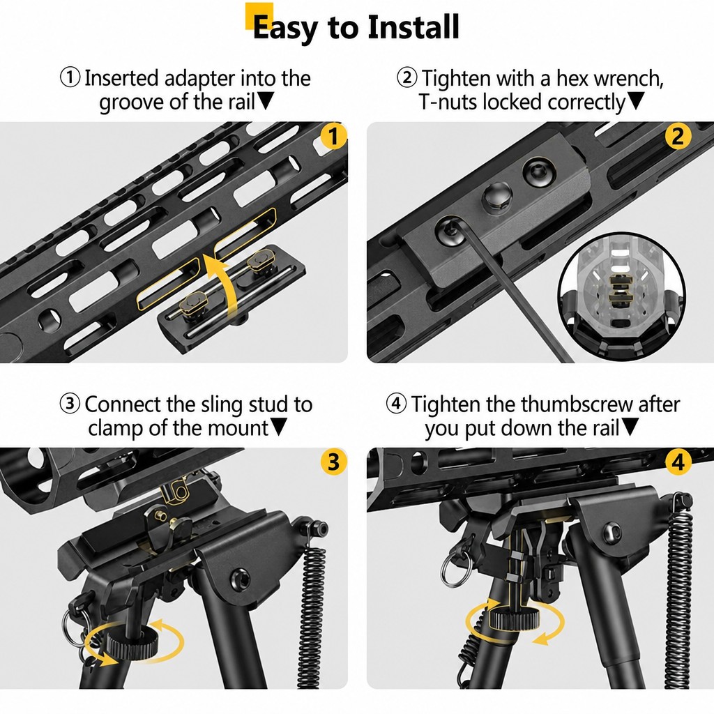Bipods for Rifles 6-9 Inch with M-LOK Adapter | Spring Tension Bipod with Detachable Mount Adapter | Black Anodized Aluminum