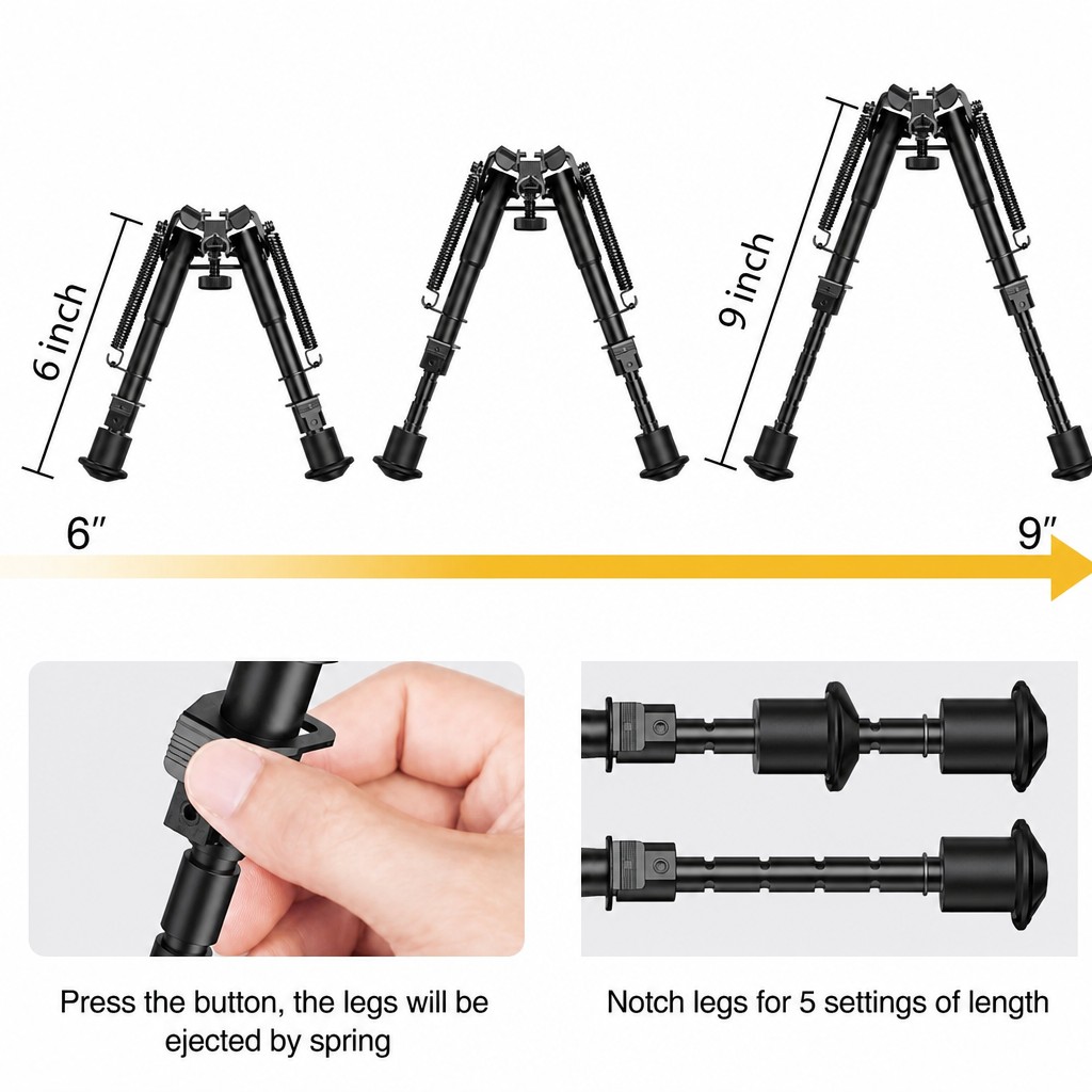 Bipods for Rifles 6-9 Inch with M-LOK Adapter | Spring Tension Bipod with Detachable Mount Adapter | Black Anodized Aluminum