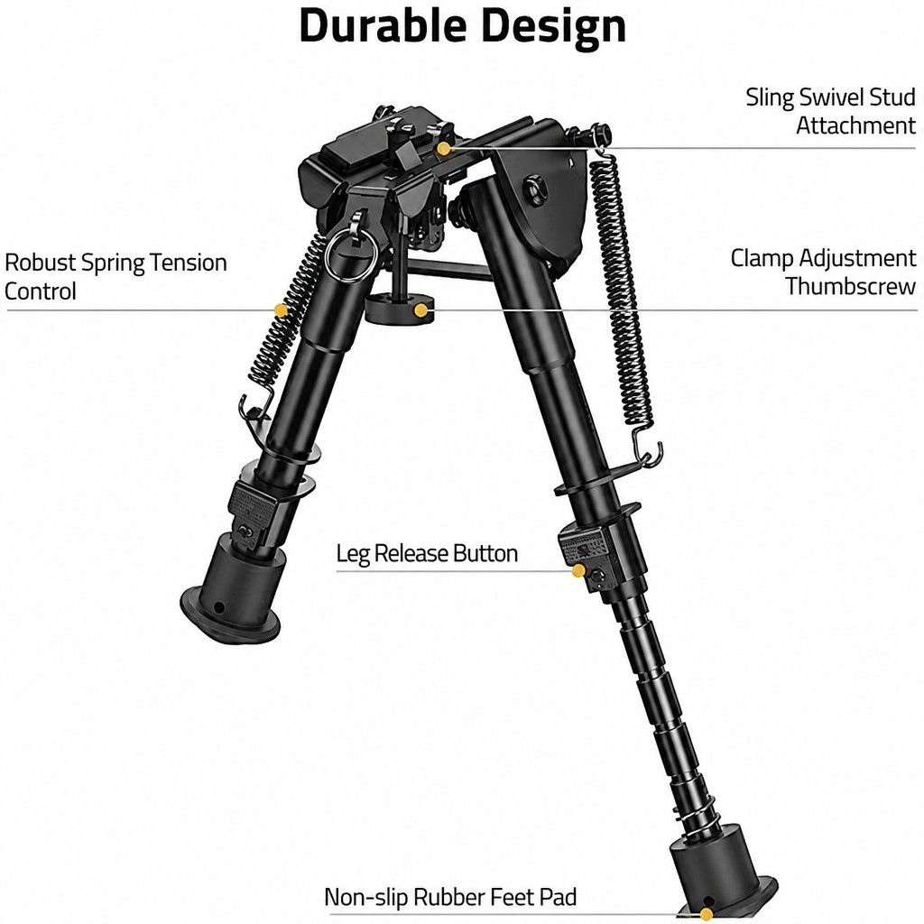 Rifle Bipod, 6-9 Inch Adjustable Super Duty Bipod | Spring Return | Sling Swivel Stud Mount | Black Anodized Aluminum