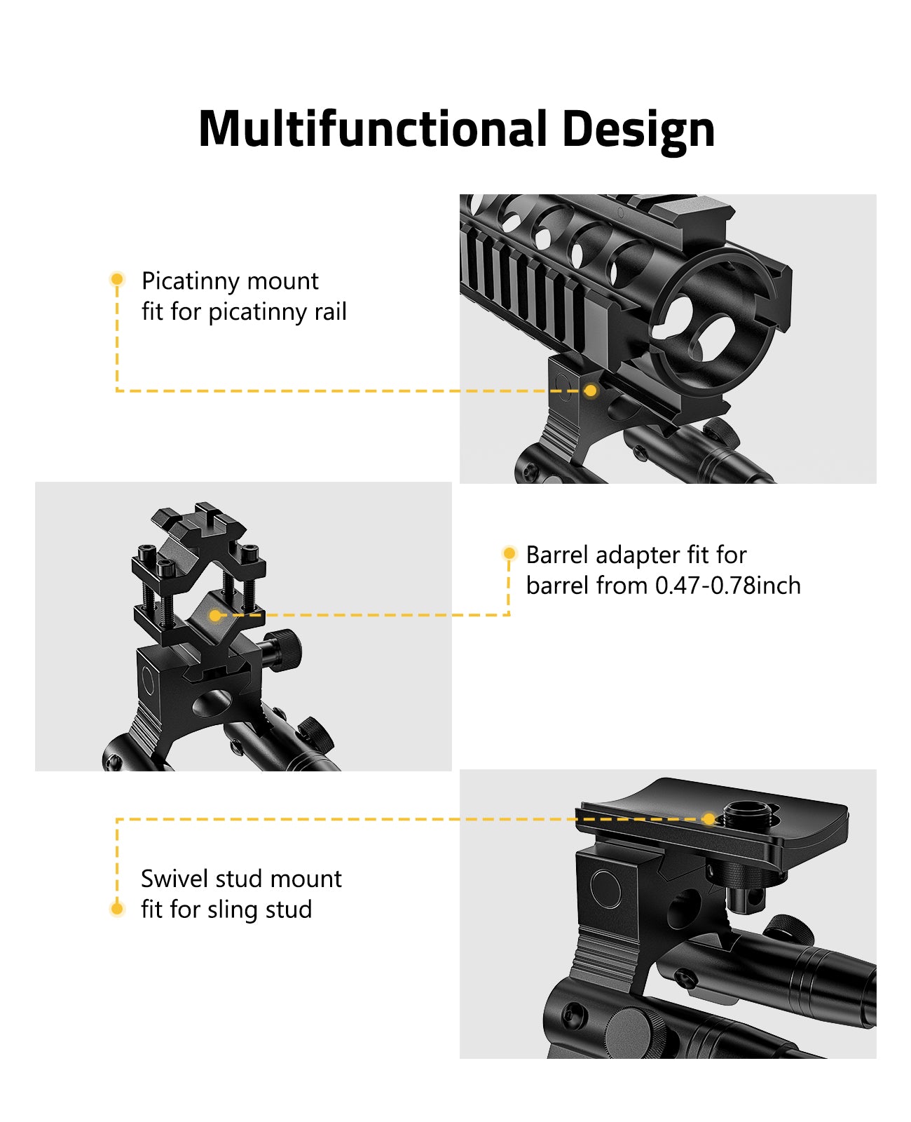 3-in-1 Picatinny Bipod with Barrel Clamp Adapter and Swivel Converter