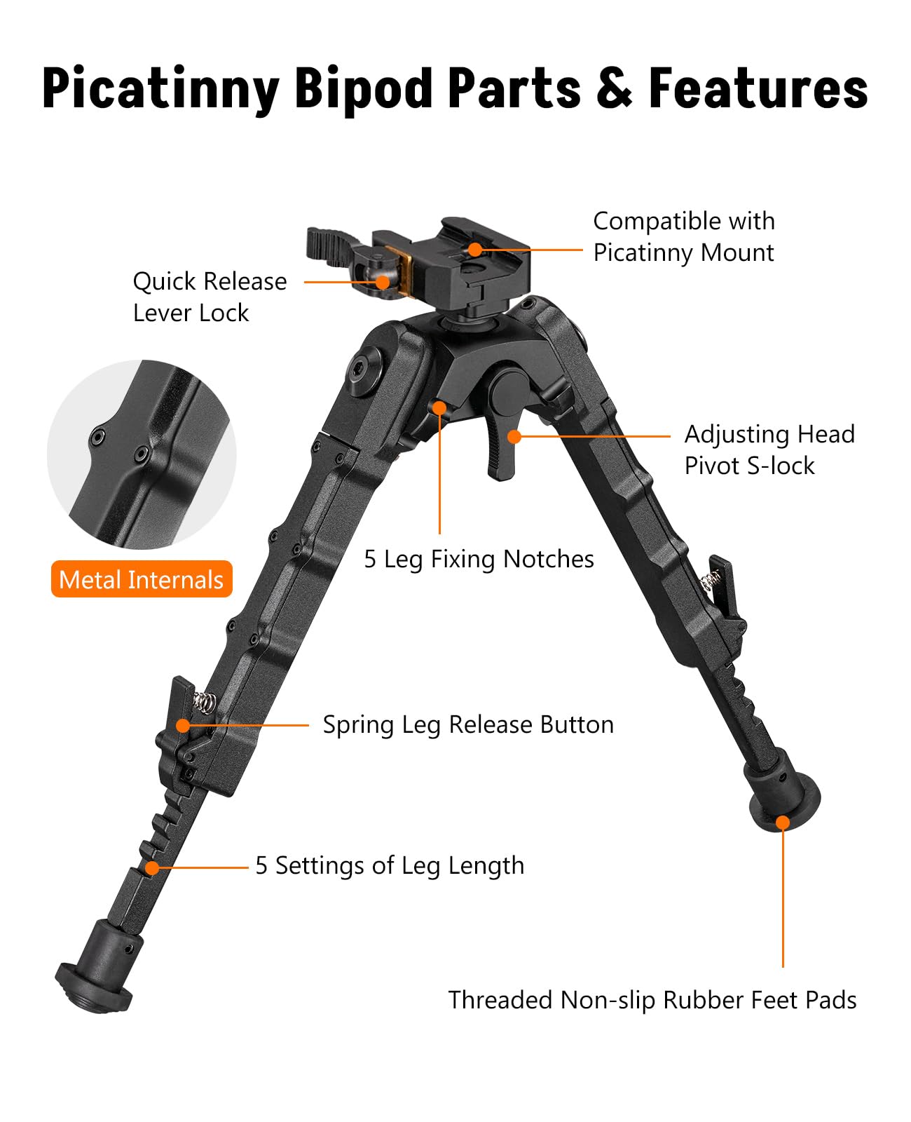 7.5-9 Inches Picatinny Bipod with 360 Degree Rotation