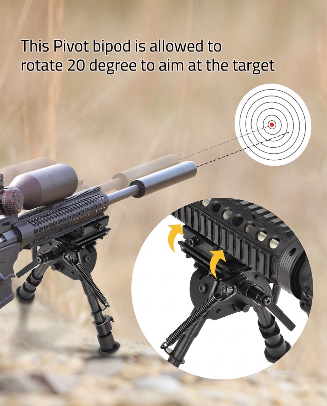 Rifle Bipod Pivot Tilt with Swivel Stud and Detachable S Lock Lever