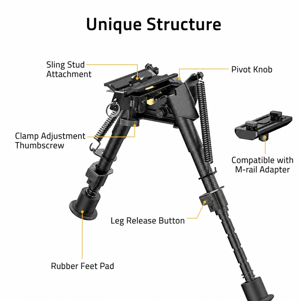 Rifle Bipod Rotatable and Tiltable with M-Rail Adapter | Carbon Fiber, 20° Tilt, 6-9 Inch Height