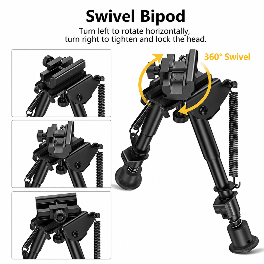 6-9 Inches Picatinny Rail Bipod with 360° Rotation | Hardened Steel & Aluminum, Spring-Loaded Legs