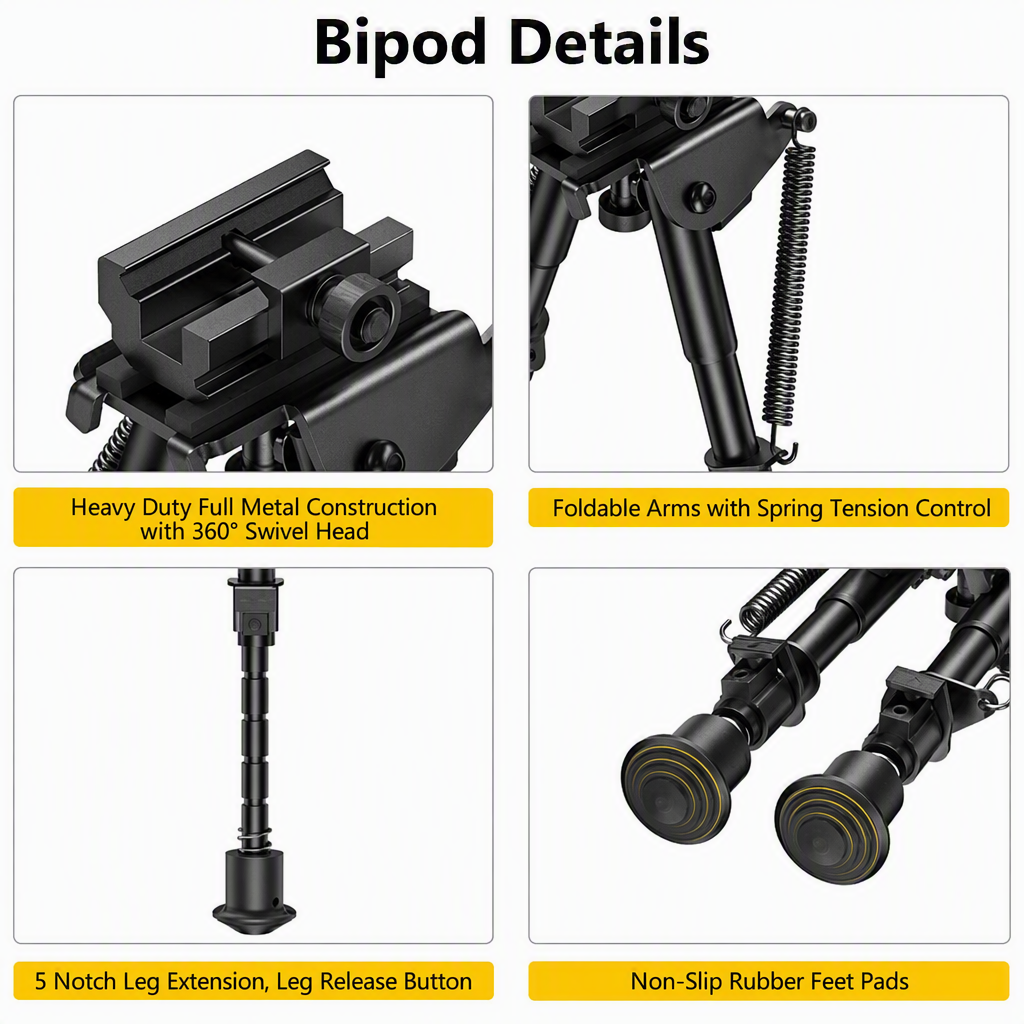 6-9 Inches Picatinny Rail Bipod with 360° Rotation | Hardened Steel & Aluminum, Spring-Loaded Legs
