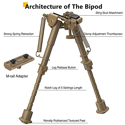 6-9 Inches Bipod with Adapter for M-Rail | Aluminum Alloy & Hardened Steel, Spring-Tension Legs
