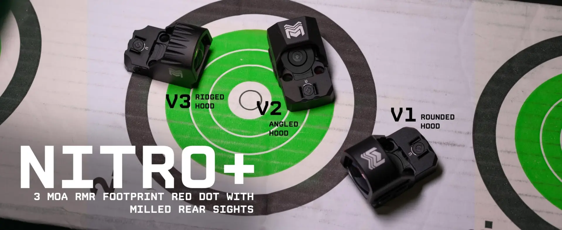 Nitro+ Pistol Red Dot w/ 3 MOA Dot | RMR with Rear Backup Sights – V3 Ridged Hood